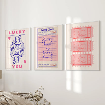 Pink playing card wall art, a wall-hanging set of 3 in clean white frames, suits the bedroom wall next to the bed for a cheeky, graphic touch.
