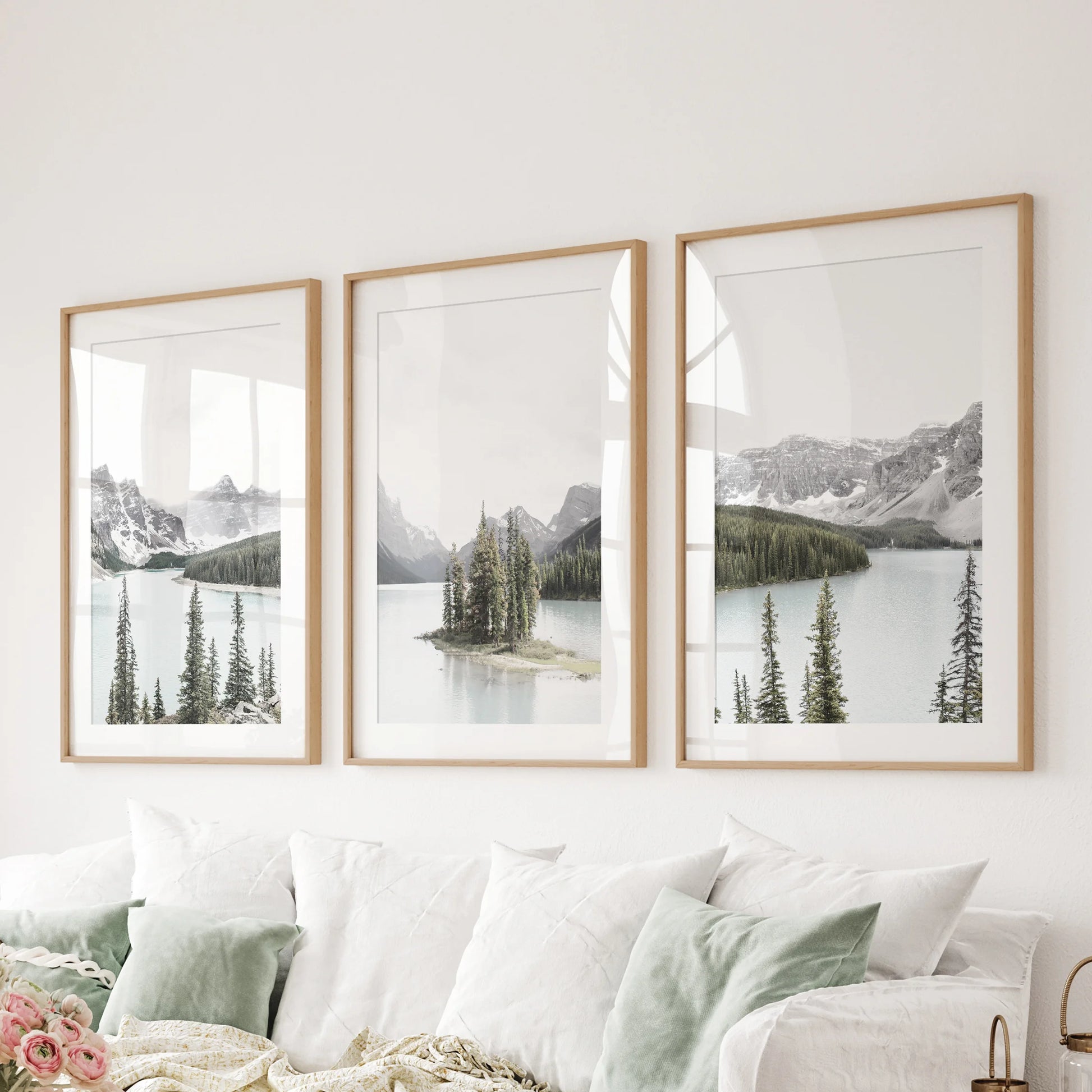 Maligne Lake panorama, a 3-print wall set hung over the sofa, arrives in wood frames with mats to bring cool blues and spacious depth to the sitting room.