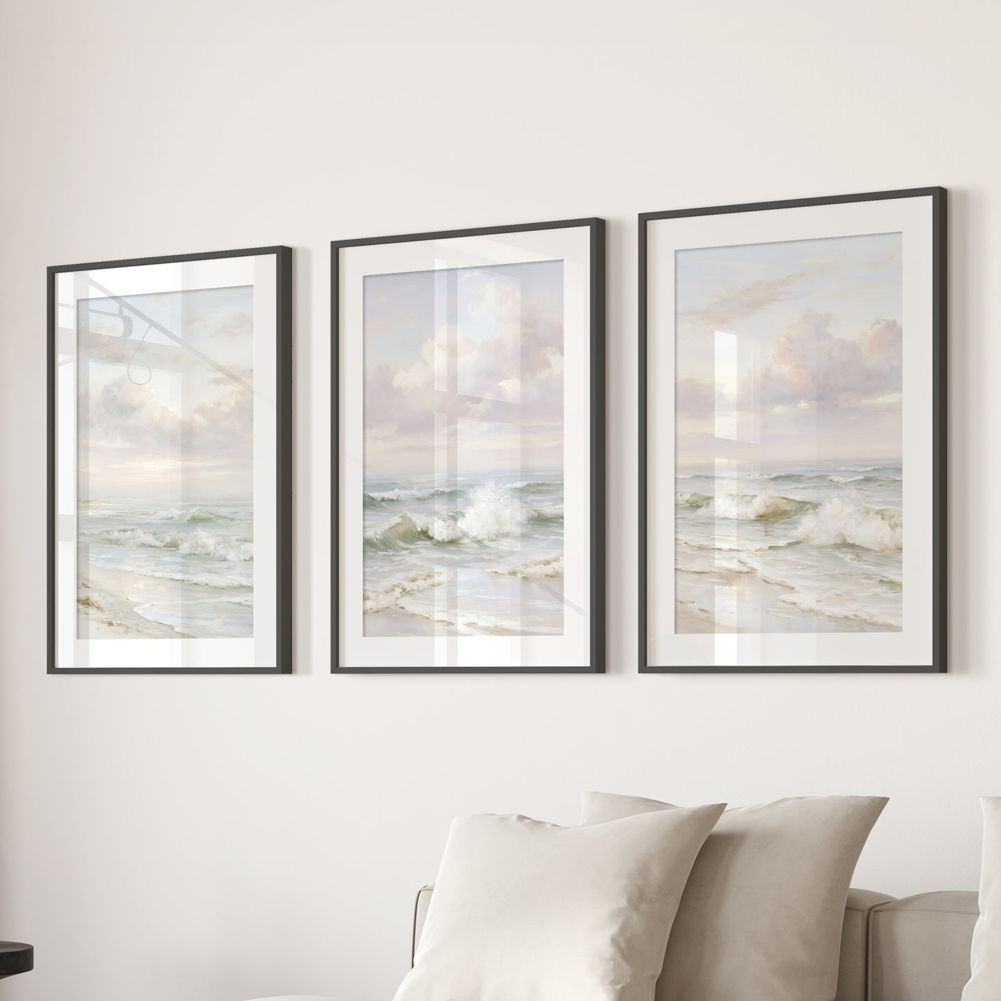 Beach Seascape 3 Piece Wall Art. Soft Waves, Cloudy Sky Prints