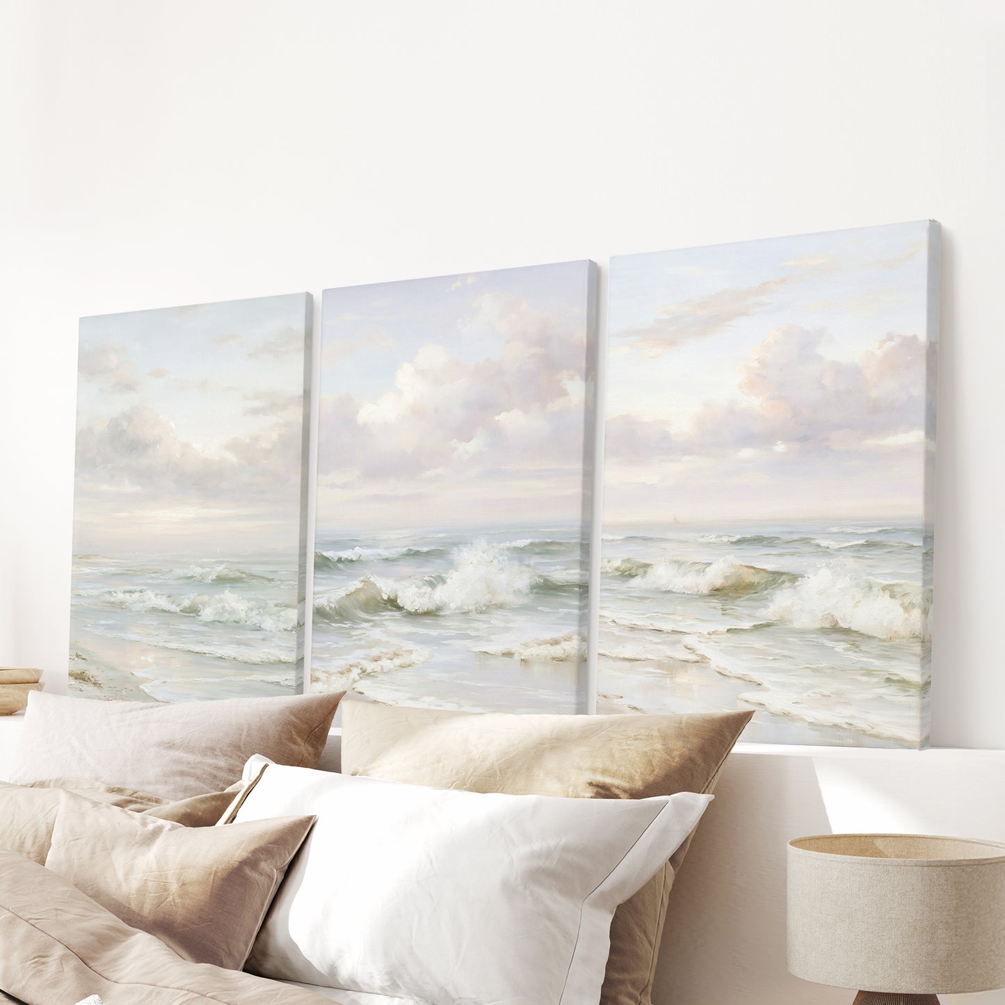 Beach Seascape 3 Piece Wall Art. Soft Waves, Cloudy Sky Prints