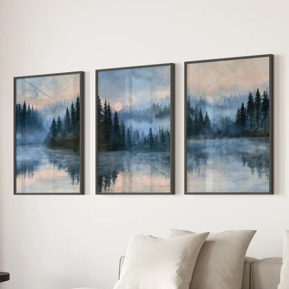 Pine forest wall art in a three-piece set pairs inky evergreens and soft mist with sleek black frames above the lounge sectional.