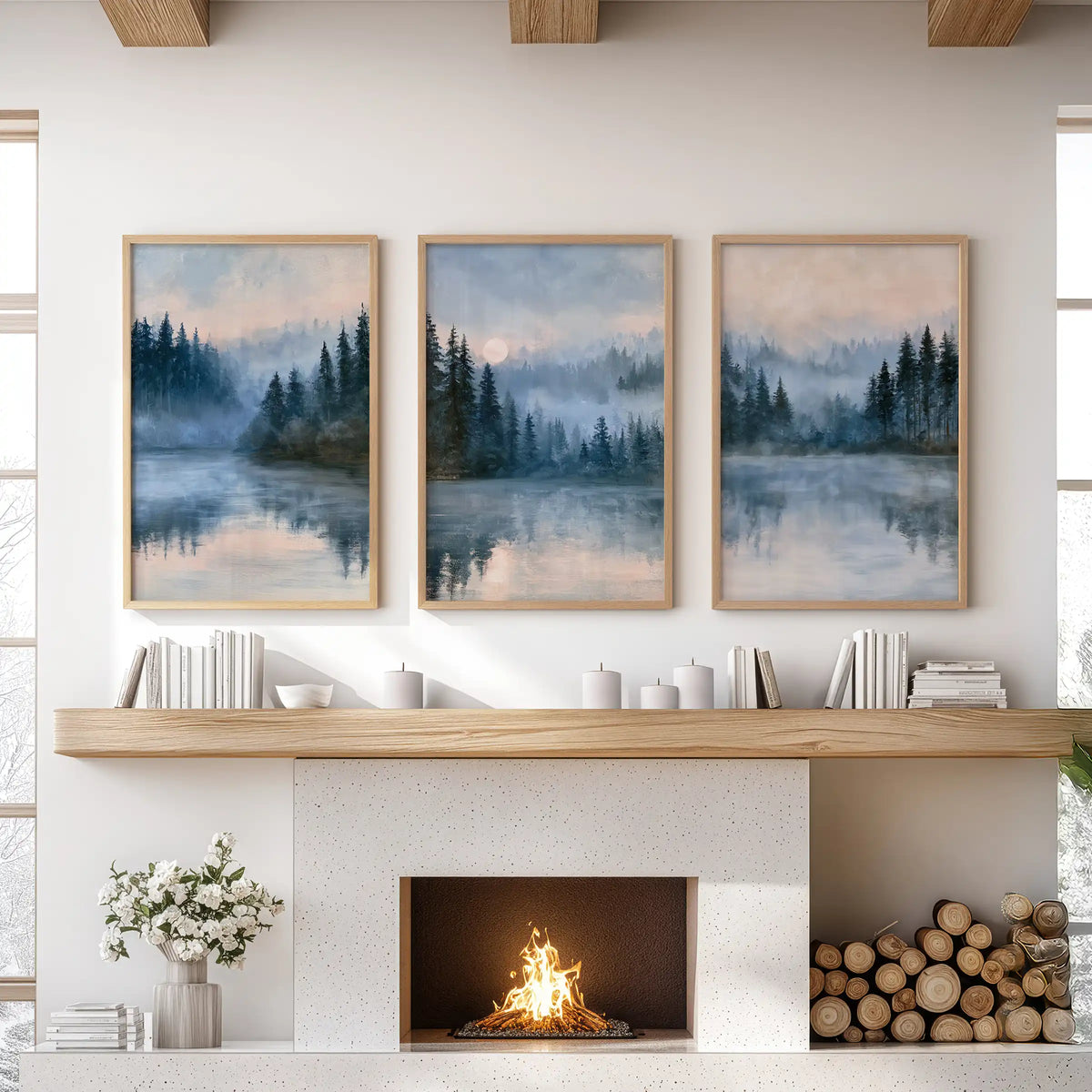 An impressionist woodland poster set of three in warm oak frames spans the fireplace mantel, layering the family room with misty blues and painterly depth.