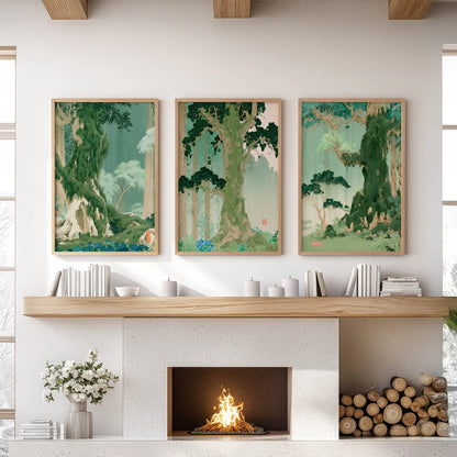 Woodland landscape wall art, a three-piece set in light oak frames, hangs over the mantle in the lounge.