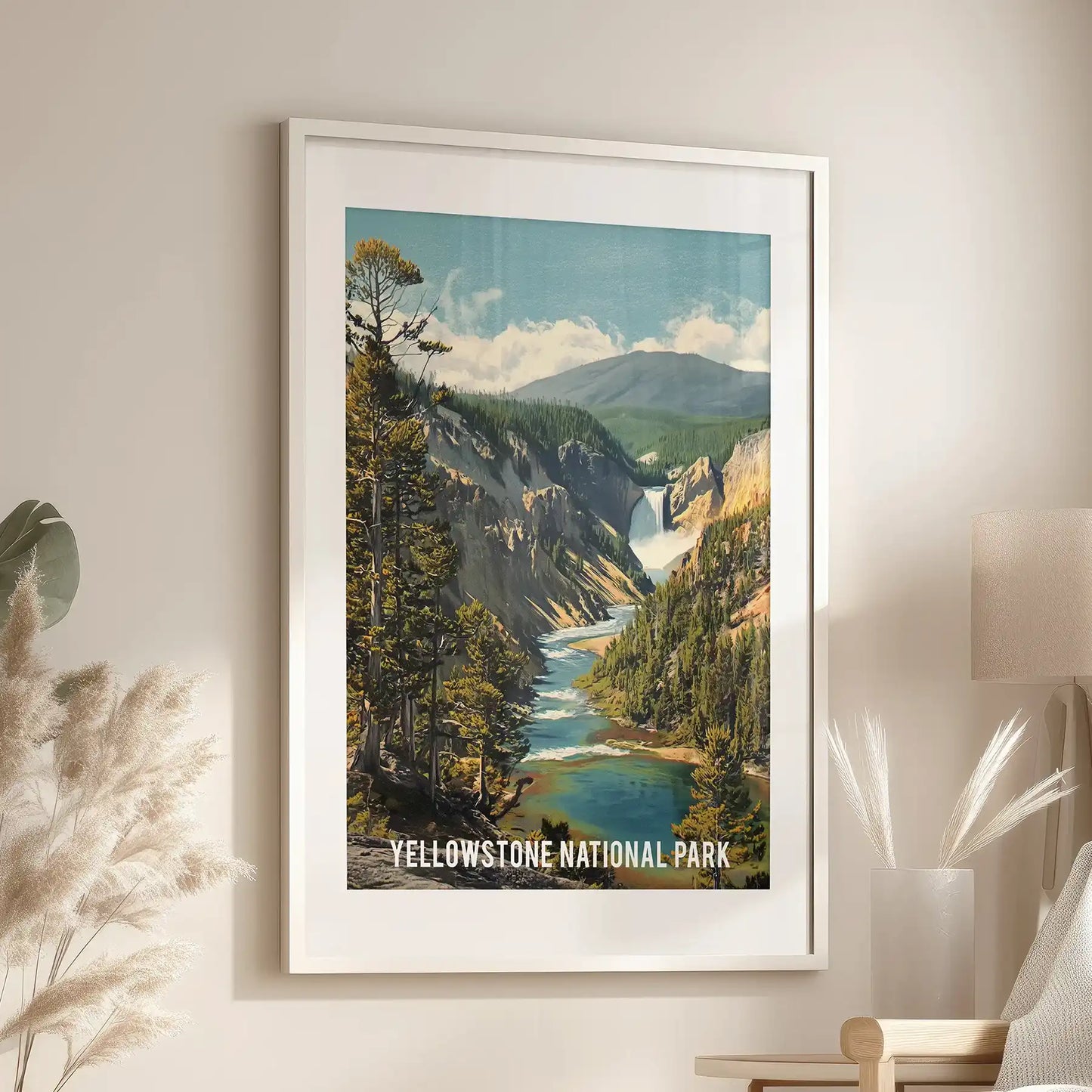 Large wall poster of bright geothermal pools, set in a white frame with mat, centers the sitting room over a comfortable chair.
