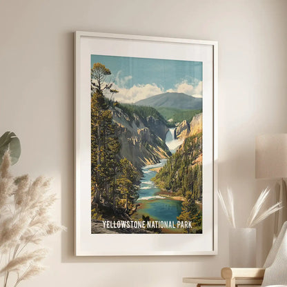 Large wall poster of bright geothermal pools, set in a white frame with mat, centers the sitting room over a comfortable chair.