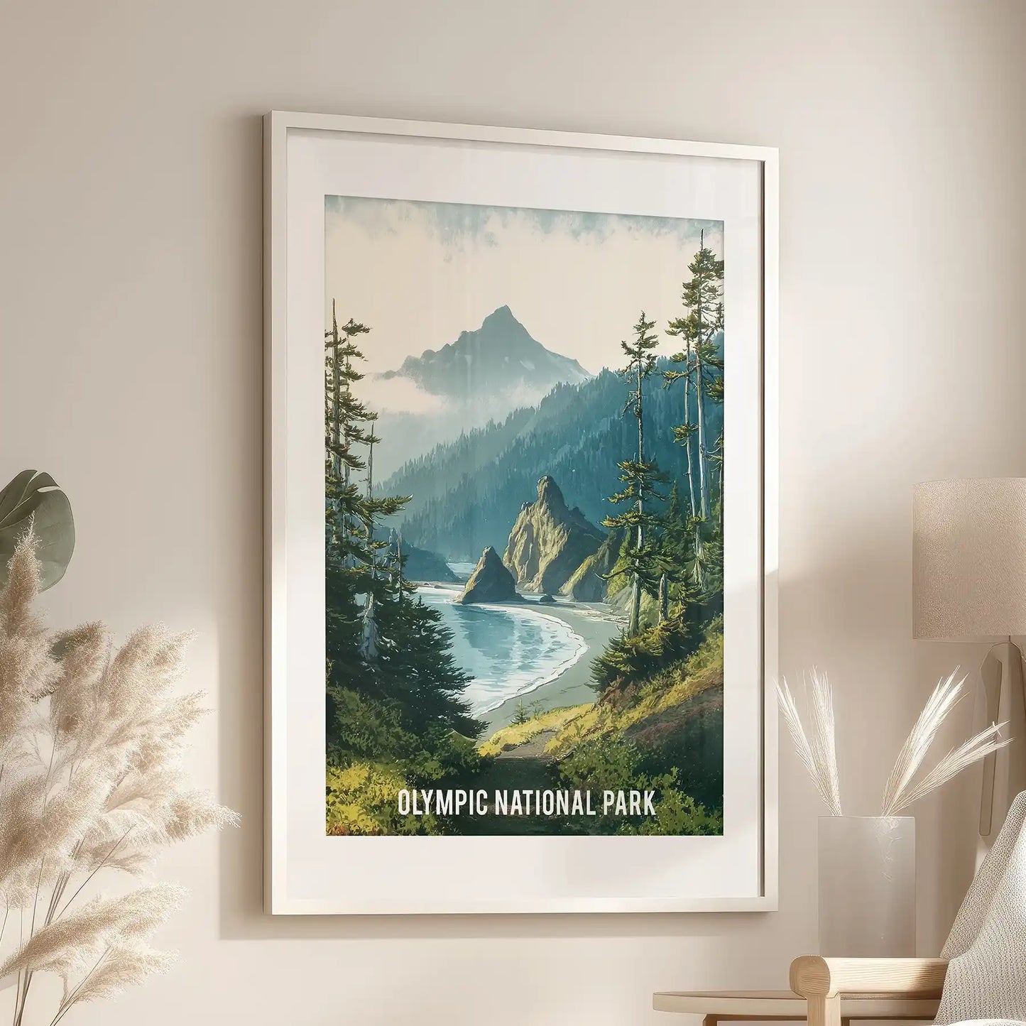 Washington national park scenery standalone poster presented as a white matted framed print, set beside a window chair to brighten a sitting room with fresh, piney greens.