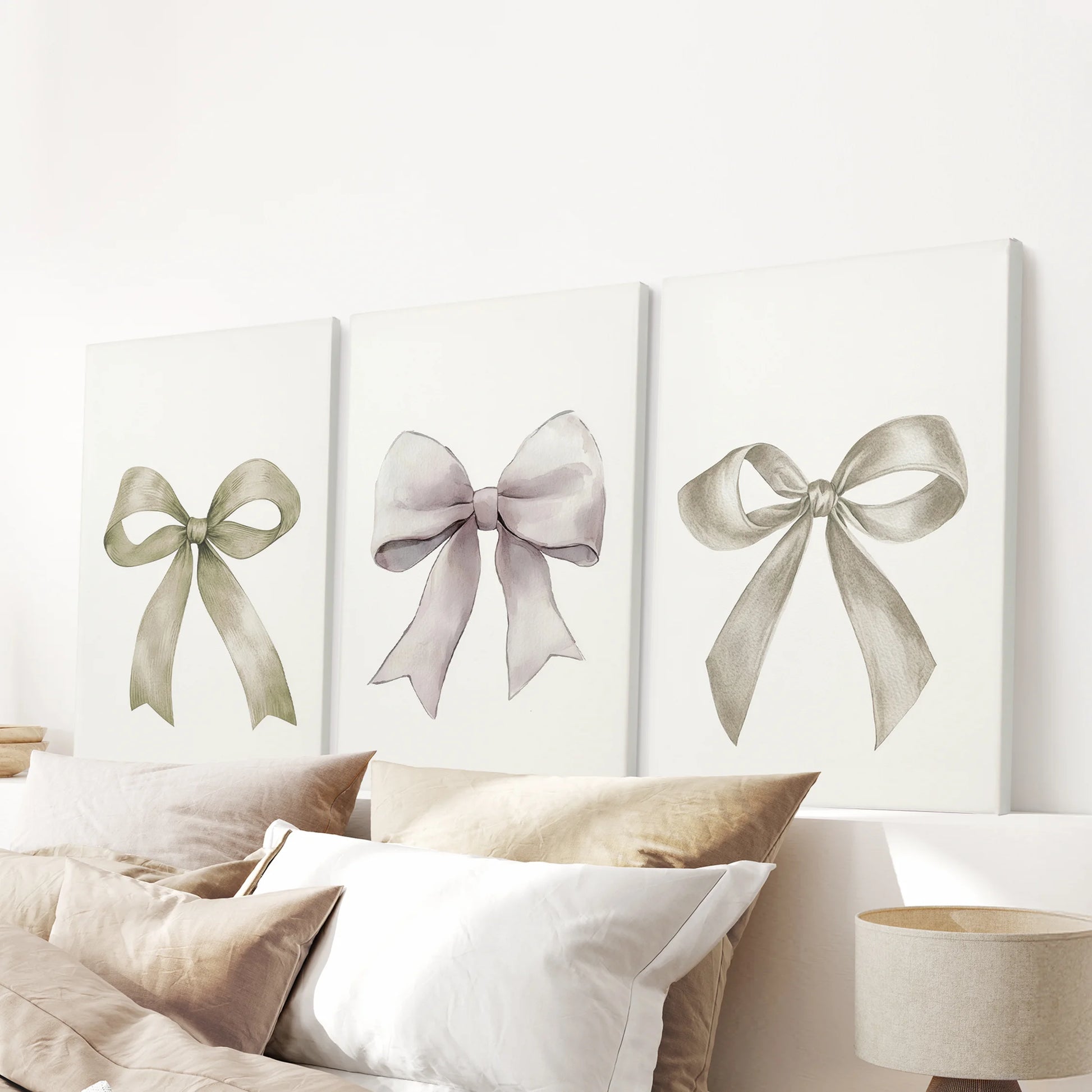Three gallery-wrapped ribbon canvases spread across the wall above the bedroom headboard, their creamy bows adding subtle texture and calm.