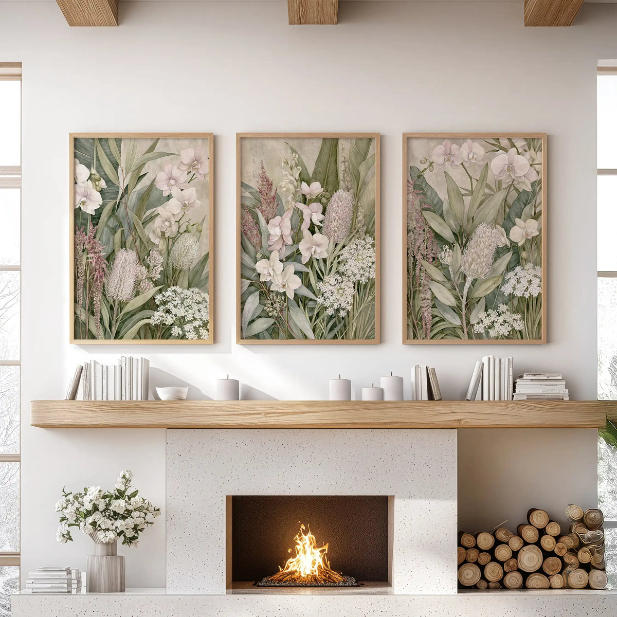 Pale orchids and upright leaves overlap a mottled beige ground in three oak-framed prints above a fireplace, with rounded flower heads below.