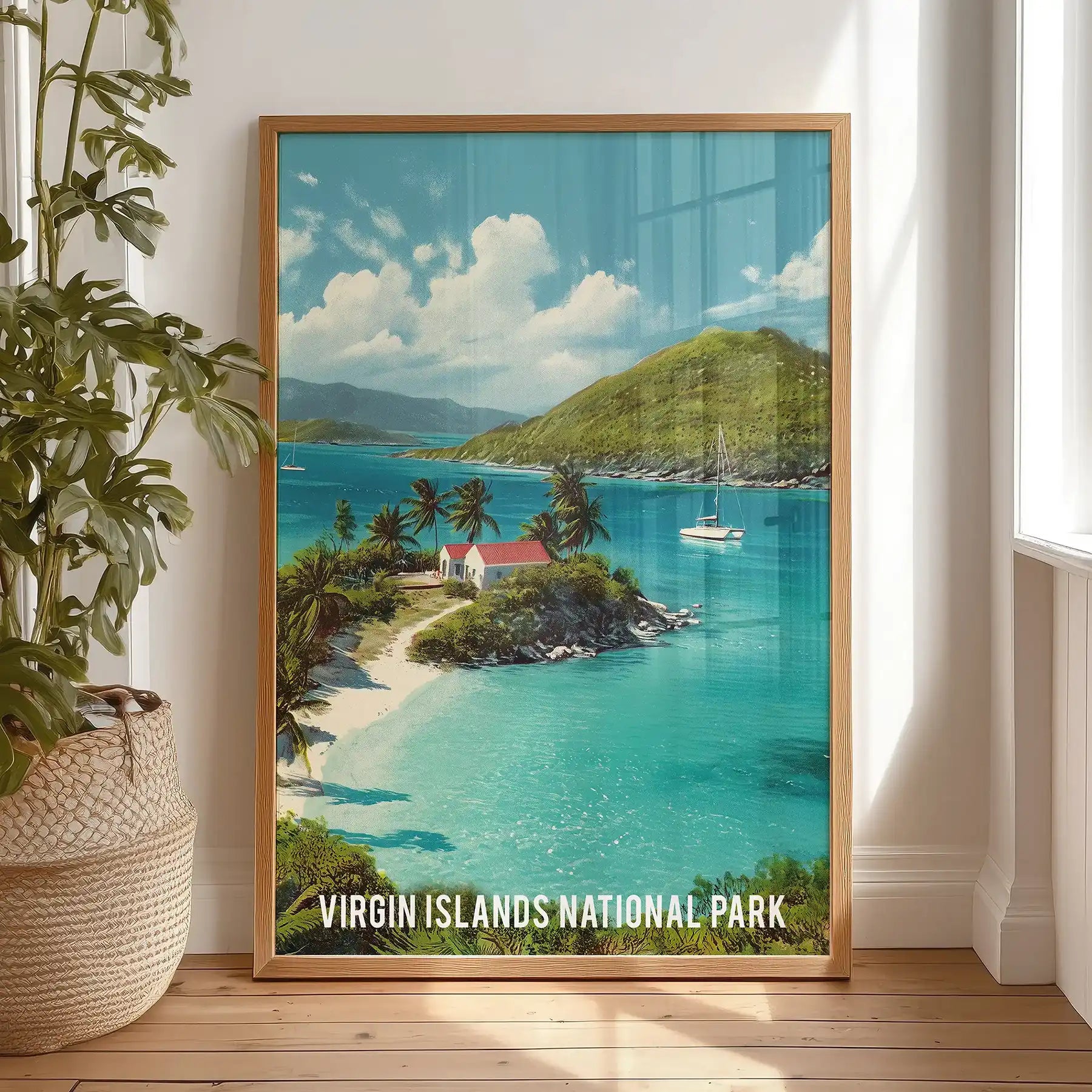 Virgin Islands National Park large wall art print in a wooden frame leans on the bedroom floor, casual gallery style with sun, sea, and palms.