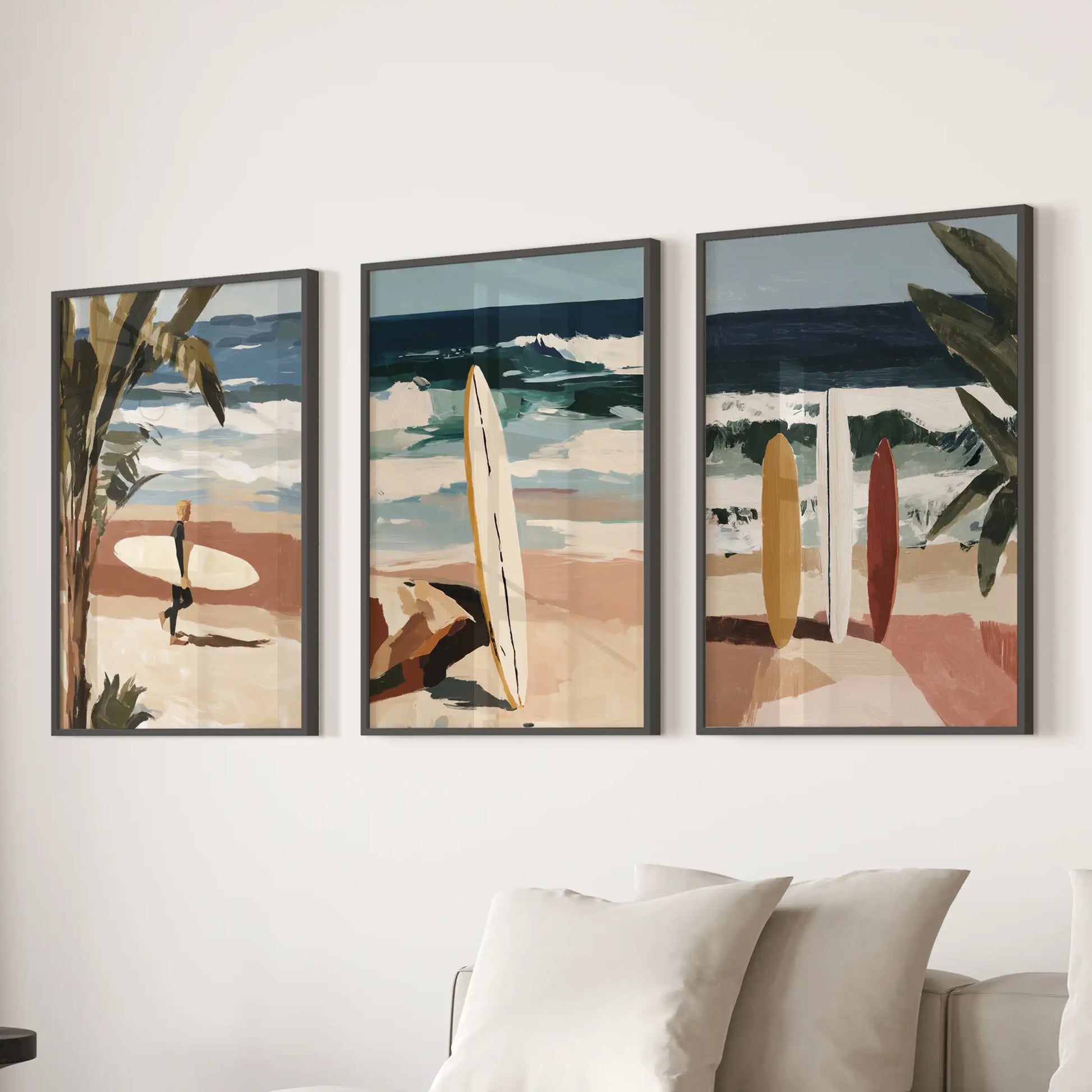 Surfers three-print wall art set in sleek black frames creates a relaxed focal point over the lounge sectional, with motion and salt-spray energy.