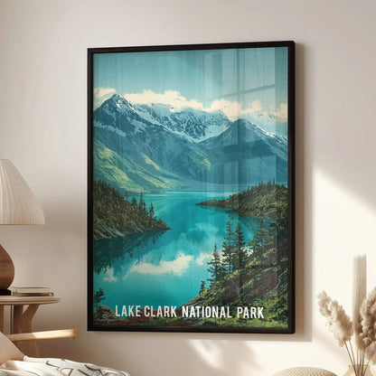 Turquoise alpine lake single artwork print in a black frame brings Lake Clark’s calm to the lounge, hanging beside the accent chair as a crisp focal point.