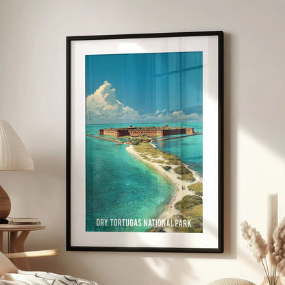 Decorative wall art of turquoise Florida Keys waters brightens a cozy sitting room, its black mat frame centered neatly above the chair.