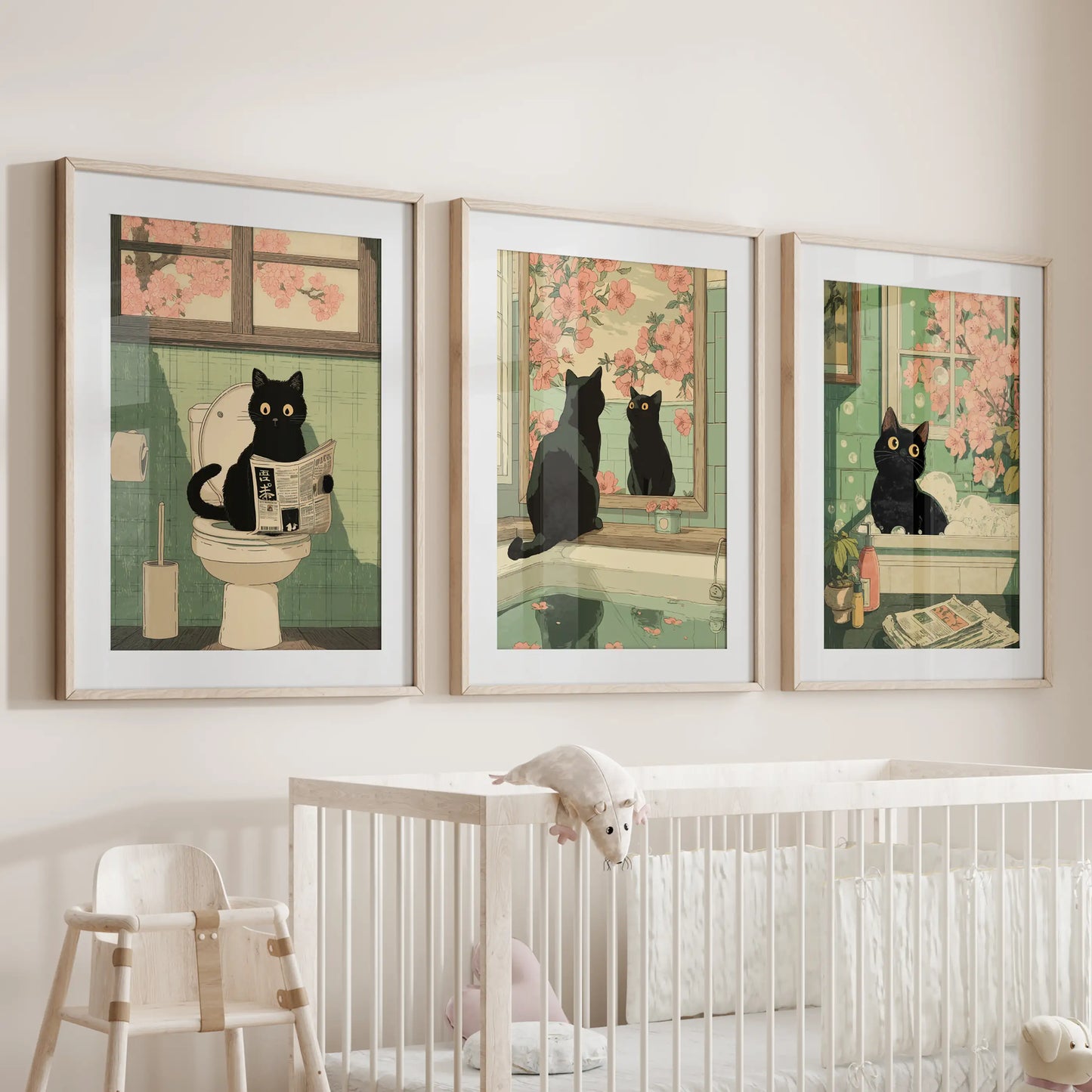 Japanese black cat reading a newspaper wall posters, 3-piece poster set, oak frames with mats hung above the cot in the nursery room.
