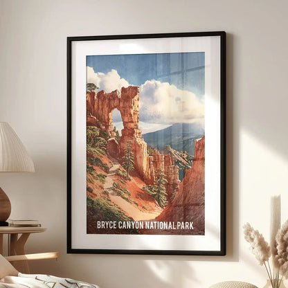 This wall poster of Utah’s sandstone hoodoos, framed in black mat, anchors the sitting room above a lounge chair and casts a soft canyon warmth.