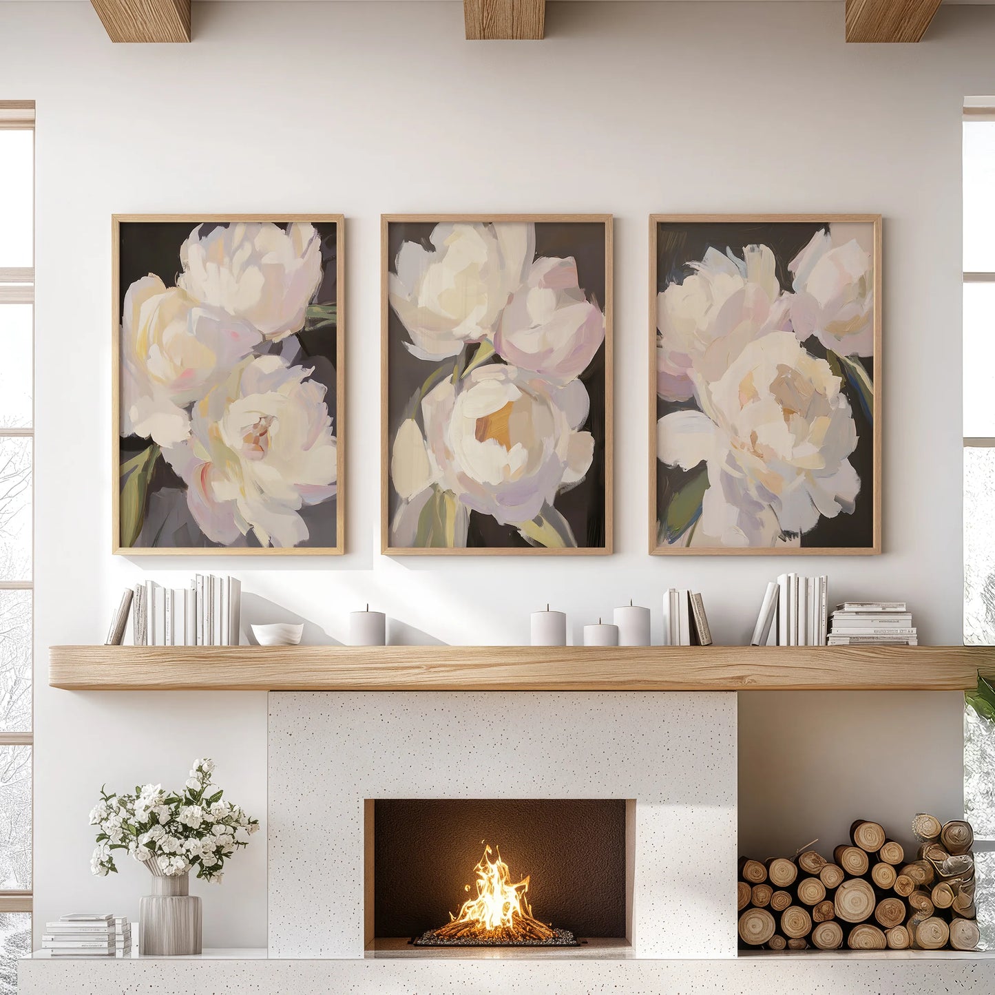 Three Victorian floral prints in warm oak frames gather above the lounge mantel, deepening the room with an old-world touch.
