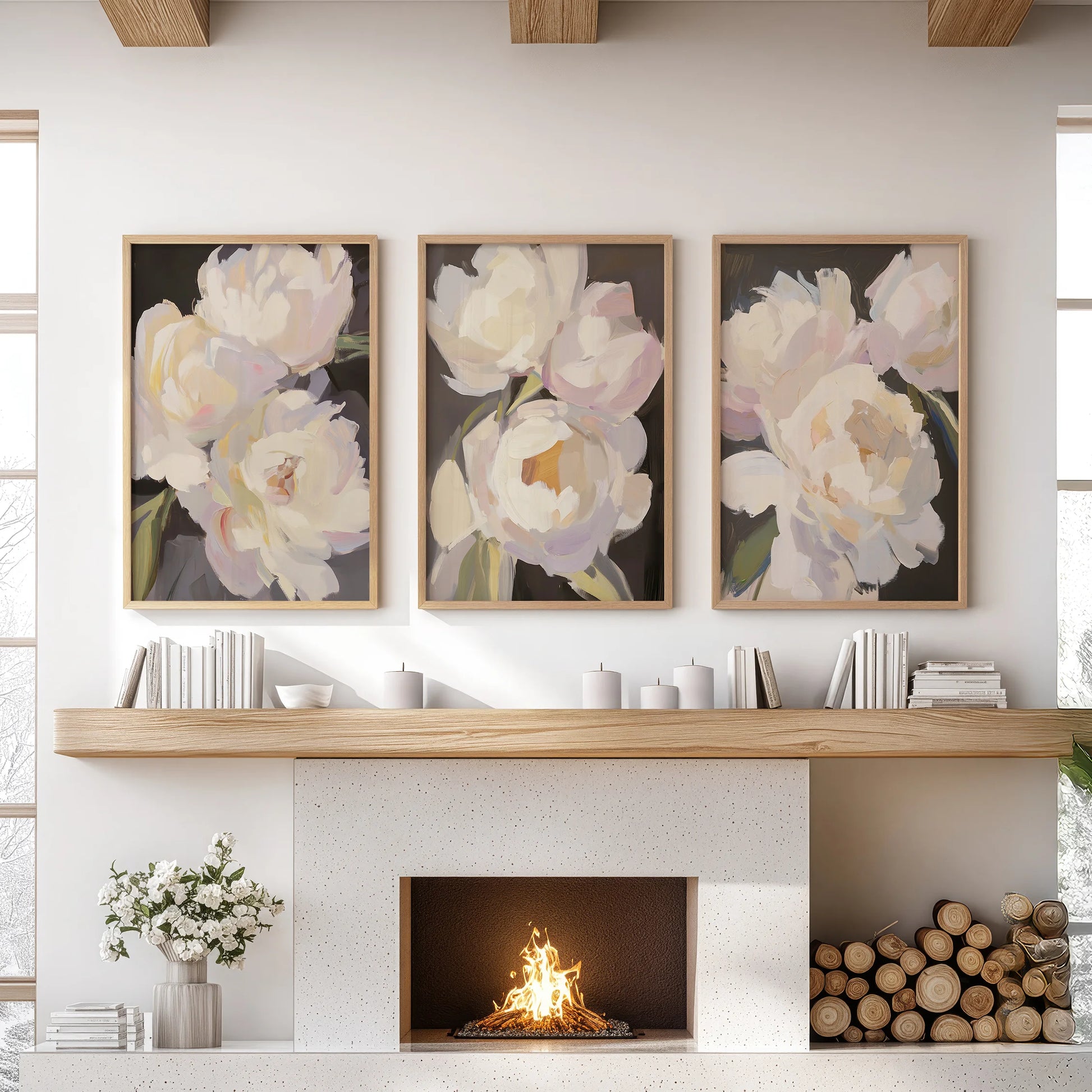 Three Victorian floral prints in warm oak frames gather above the lounge mantel, deepening the room with an old-world touch.