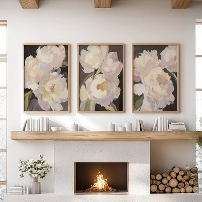 Three Victorian floral prints in warm oak frames gather above the lounge mantel, deepening the room with an old-world touch.