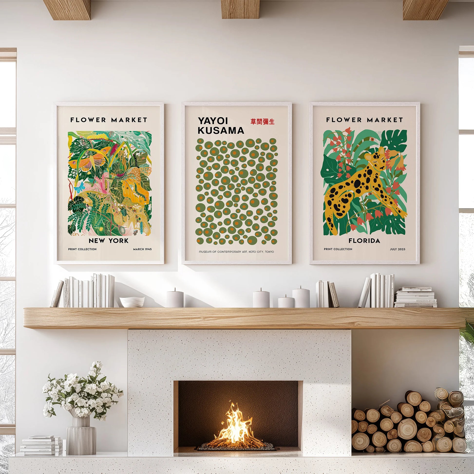 A trio of green vintage botanical prints framed in white warms the living room mantel area with a refined, natural note.