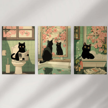 A three-piece set of Japanese-style prints featuring a black cat on the toilet, delivered as loose artwork ready to fill an empty wall.