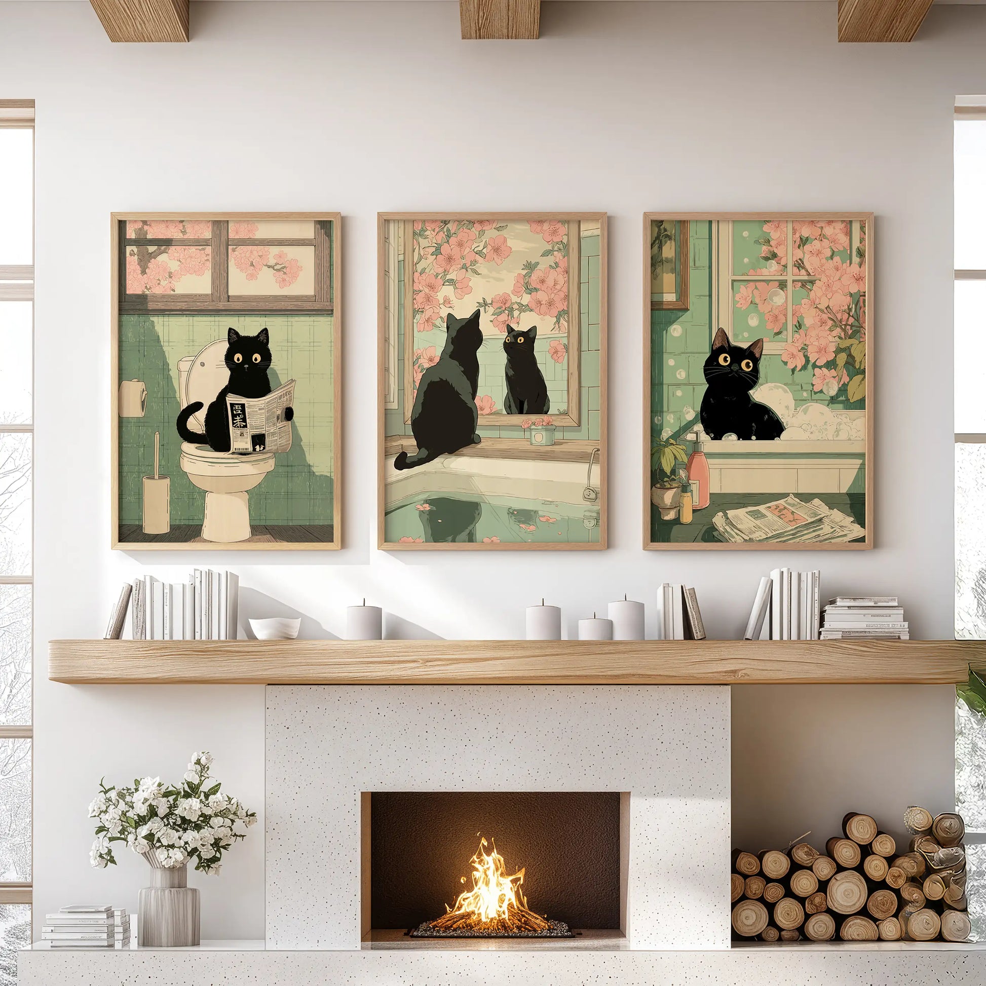 Three light oak-framed prints of a black cat on the toilet add vintage wit to a family-room wall above the fireplace mantel.