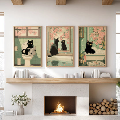 Three light oak-framed prints of a black cat on the toilet add vintage wit to a family-room wall above the fireplace mantel.