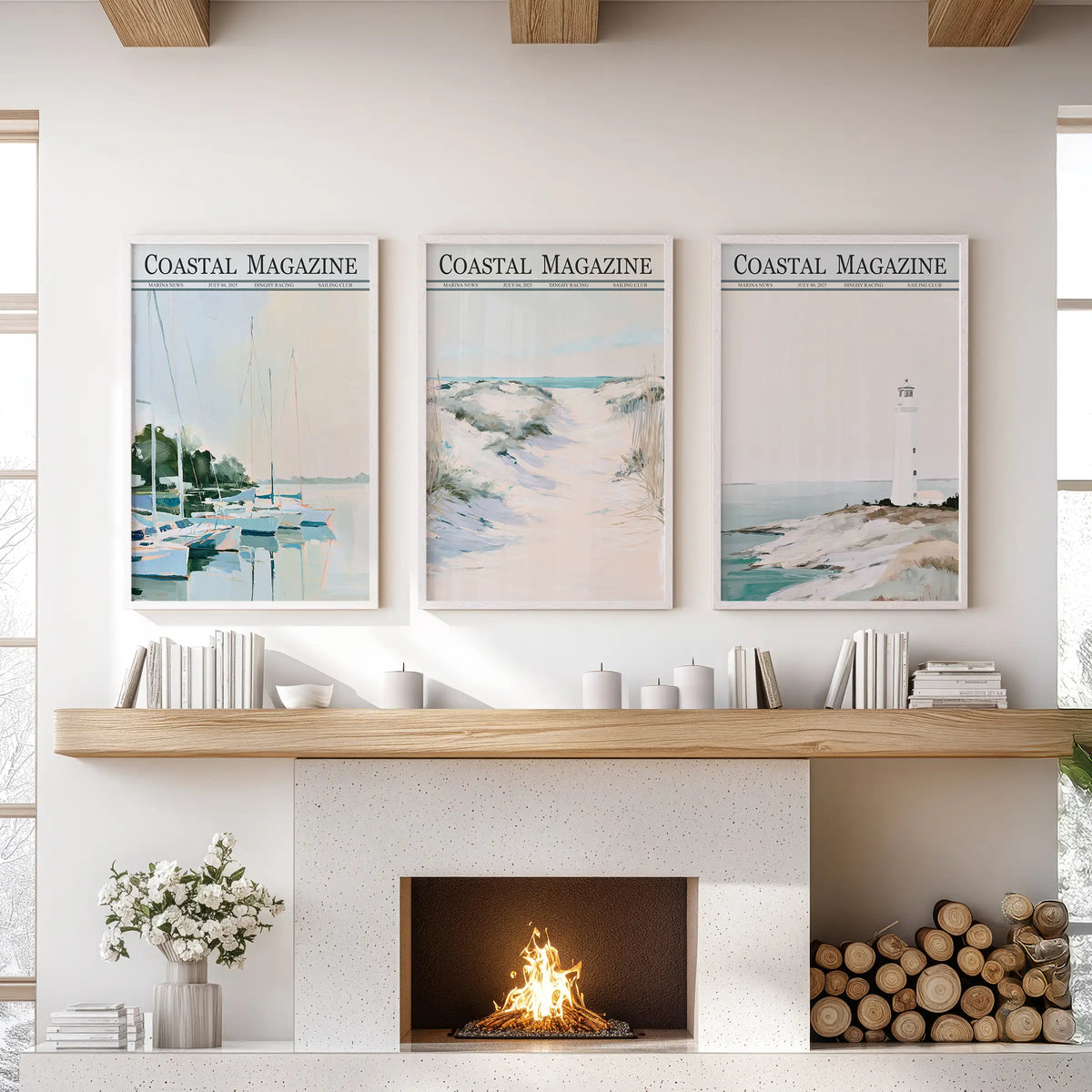 Three-piece coastal wall art set in white frames, with sailboat, dune, and lighthouse prints above a living room fireplace.