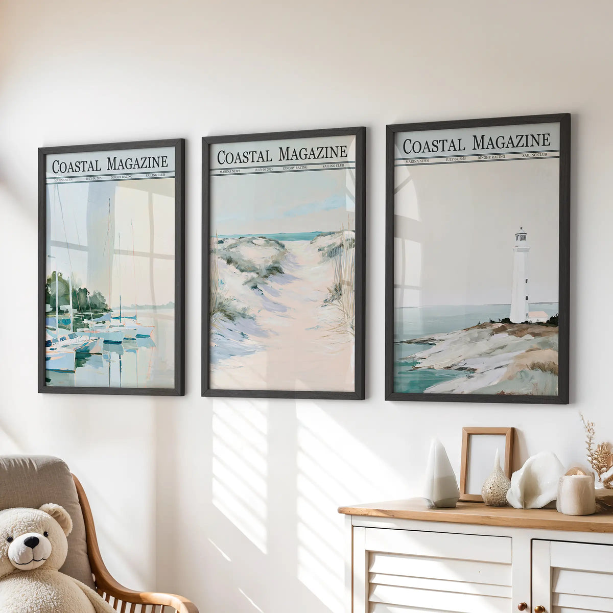 Lighthouse and beach three-piece wall art in black frames, displayed over a dresser in a kids room.
