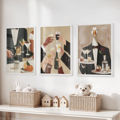 Vintage cocktail bar wall art in a three-piece set, white framed above a storage bench in a kids room.