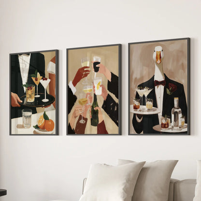 Vintage cocktail bar wall art in a three-print set, displayed in black frames over a lounge sectional.
