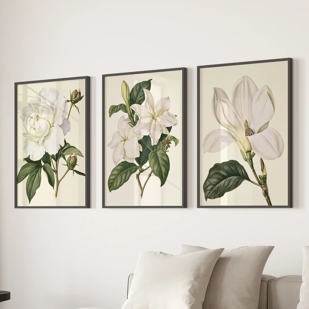 Above a sofa, three black-framed prints show white flowers and leafy stems.