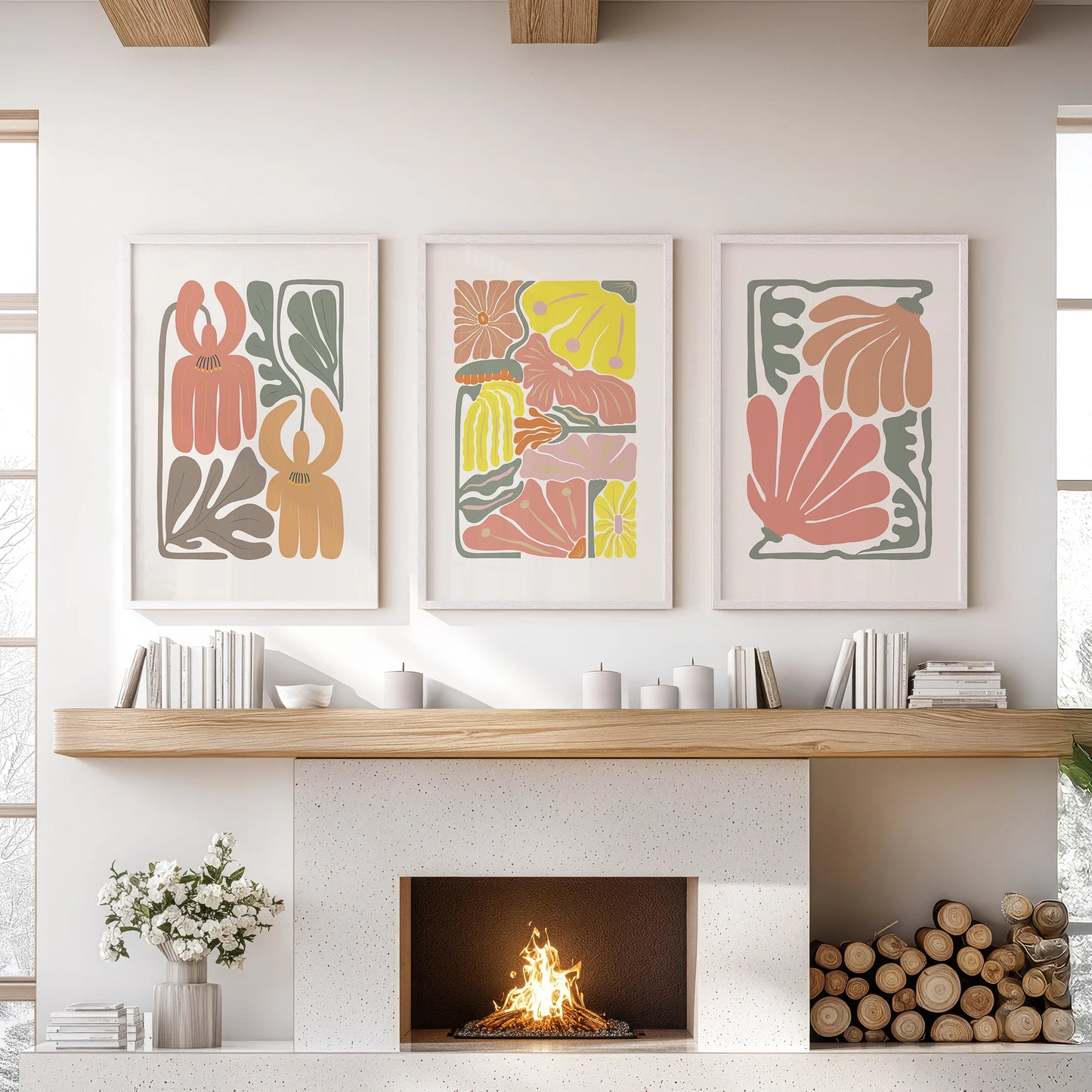 Vintage-style flower prints in a three-piece wall art set sit above the lounge hearth, white-framed for a light, classic finish that softens the room with botanicals.