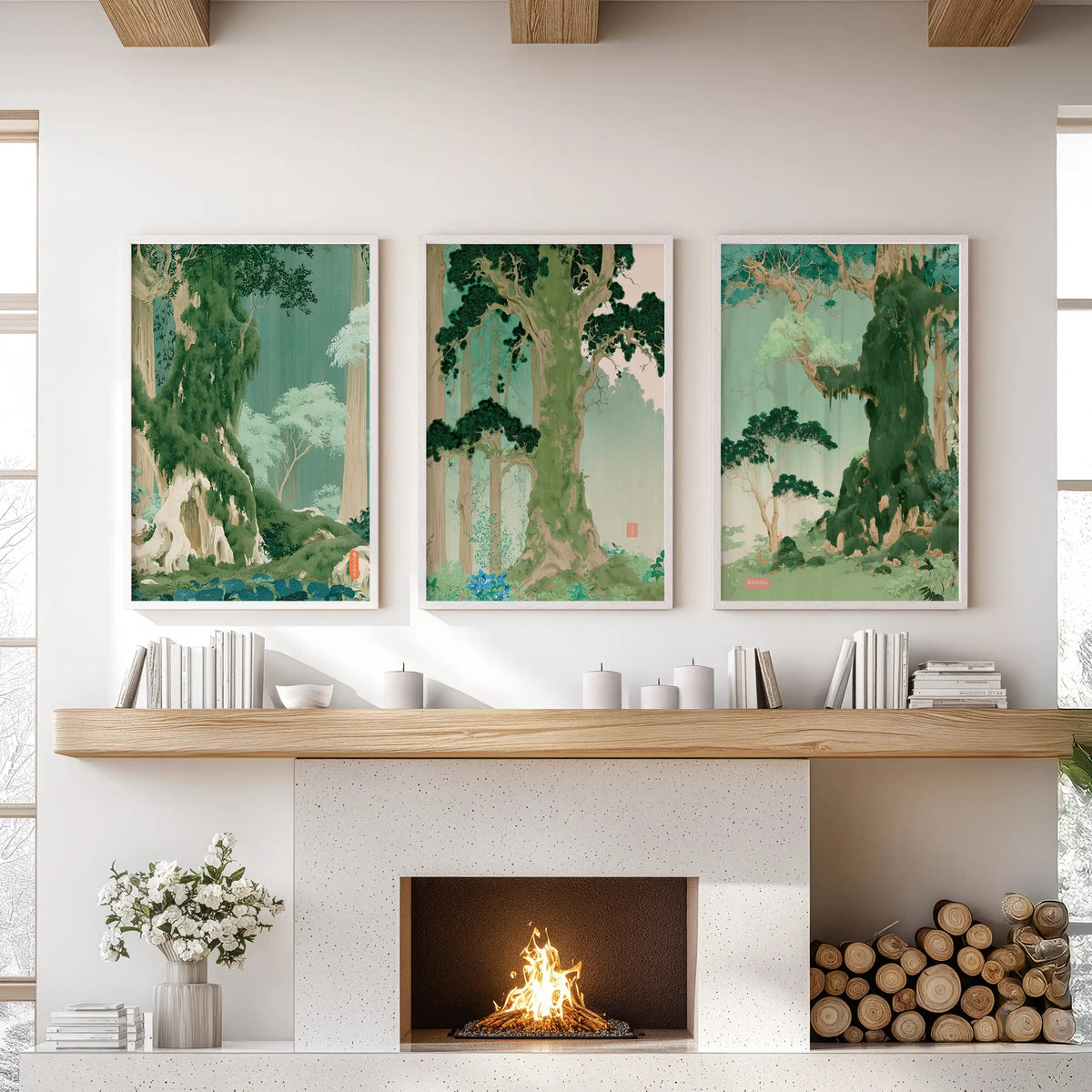 A three-piece vintage Japanese forest picture set in white frames hangs above the fireplace in a sitting room.