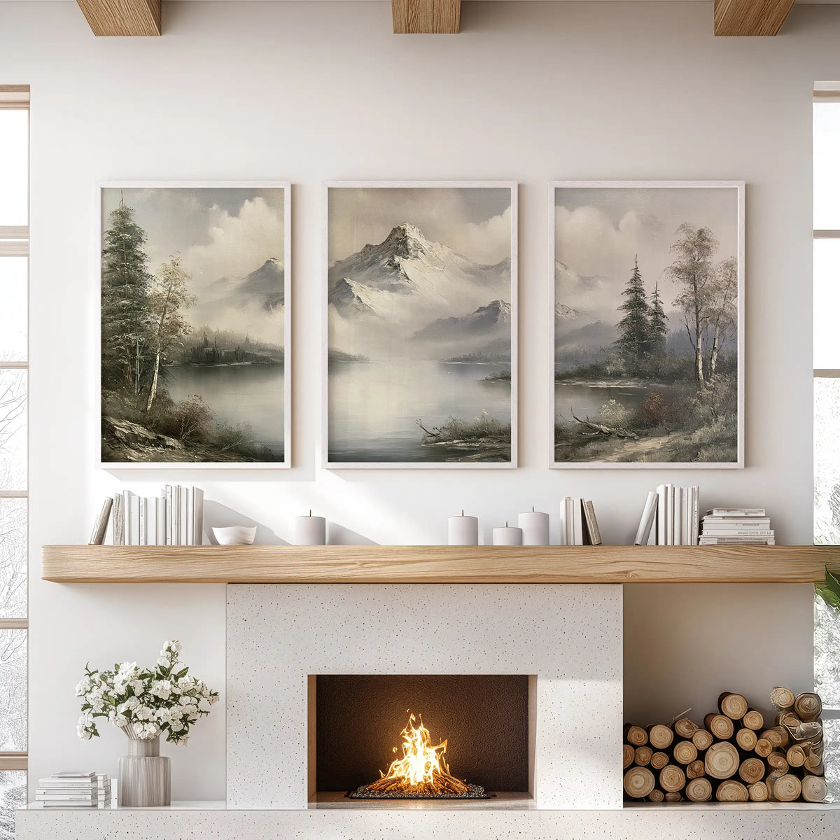 Vintage landscape painting three-piece wall art in white frames, displayed above the mantel in a living room.