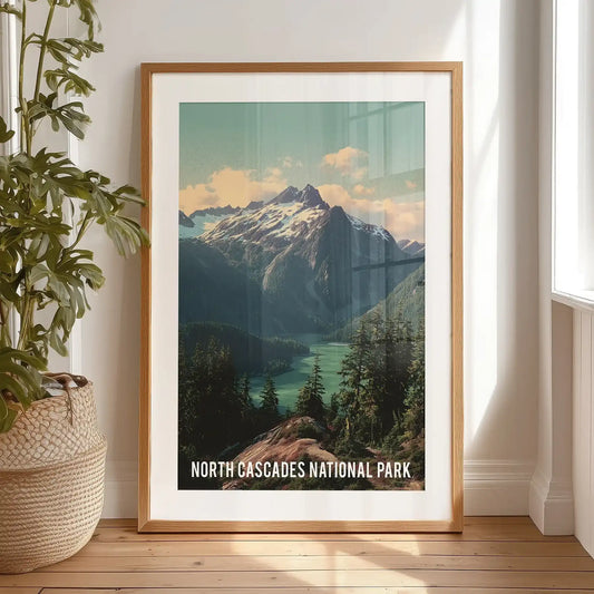 Framed in black with a mat, this vintage-style artwork print of mountains, lake, and pines stands on the bedroom floor as a bold wall accent.
