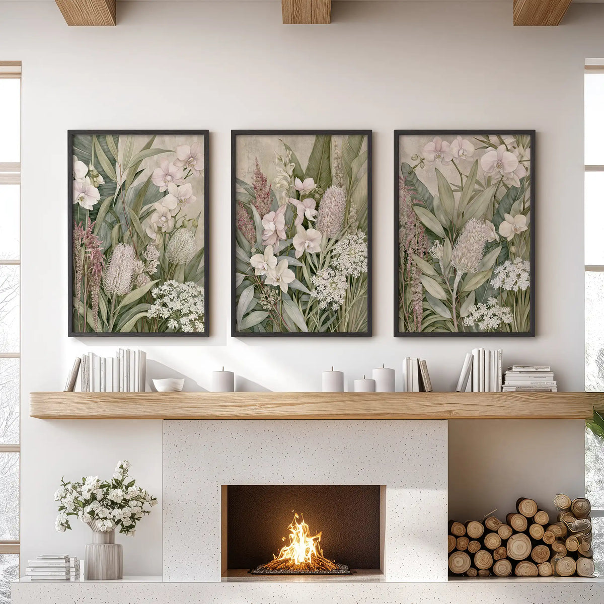 Pale orchids, rounded flower heads and upright leaves overlap a mottled beige background in three black-framed prints above a fireplace.