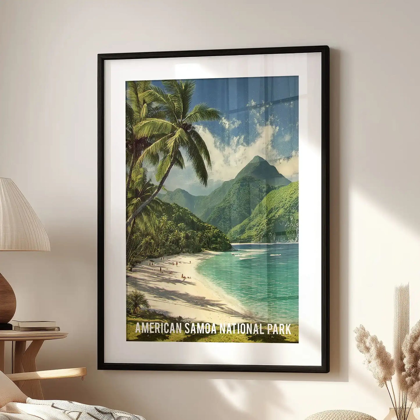 Single-panel palm tree artwork in a black frame with a white mat sits by the living-room reading chair, adding a polished, vintage accent.