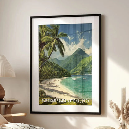 Single-panel palm tree artwork in a black frame with a white mat sits by the living-room reading chair, adding a polished, vintage accent.
