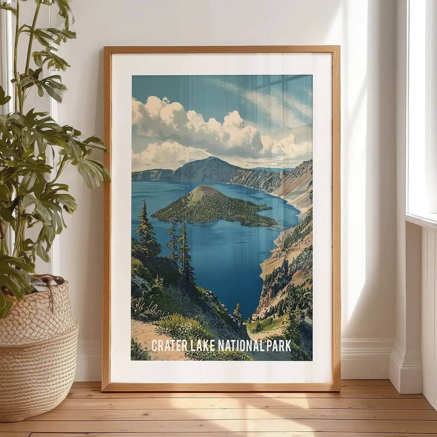 Vintage Crater Lake travel poster, large poster print, is propped by the bedroom window in a black frame with a wide mat, lending bold typographic flair and scenery.