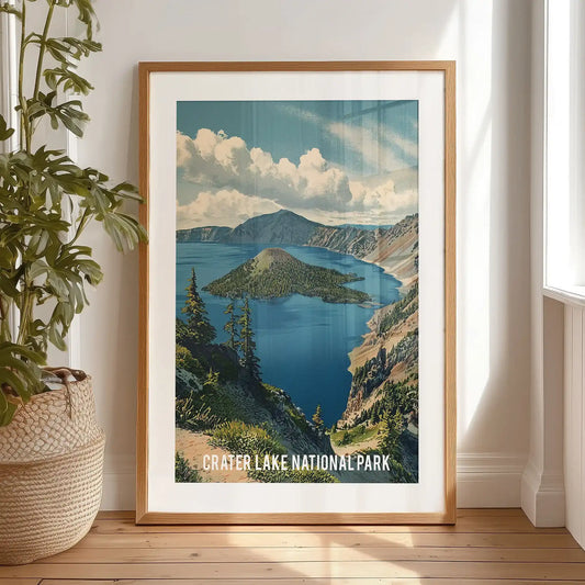 Vintage Crater Lake travel poster, large poster print, is propped by the bedroom window in a black frame with a wide mat, lending bold typographic flair and scenery.