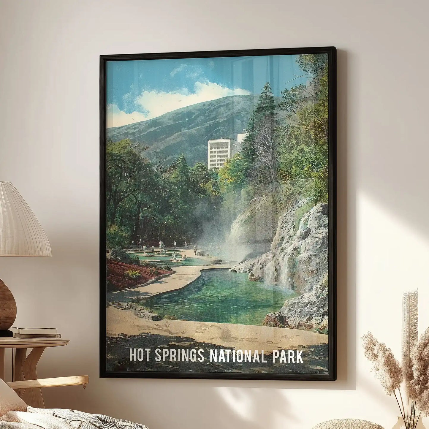 Hot Springs National Park scene wall decor for the living room, placed above the lounge chair in a black framed print to add a nostalgic travel vibe.