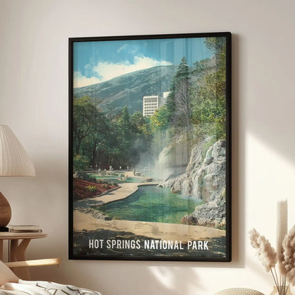 Hot Springs National Park scene wall decor for the living room, placed above the lounge chair in a black framed print to add a nostalgic travel vibe.