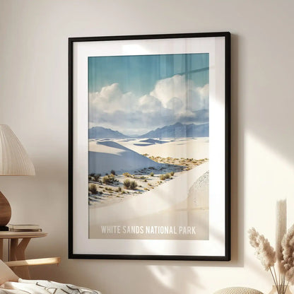 A statement art print of the Tularosa Basin hangs in a black mat frame above a window seat, giving the lounge a quiet, moody elegance.