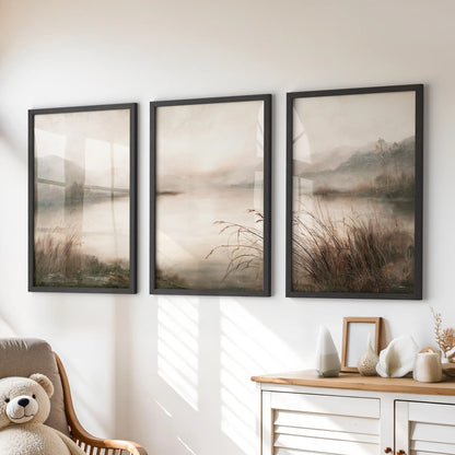 Three-piece pastoral landscape print set in black frames, displayed above a chest of drawers in a children's room.