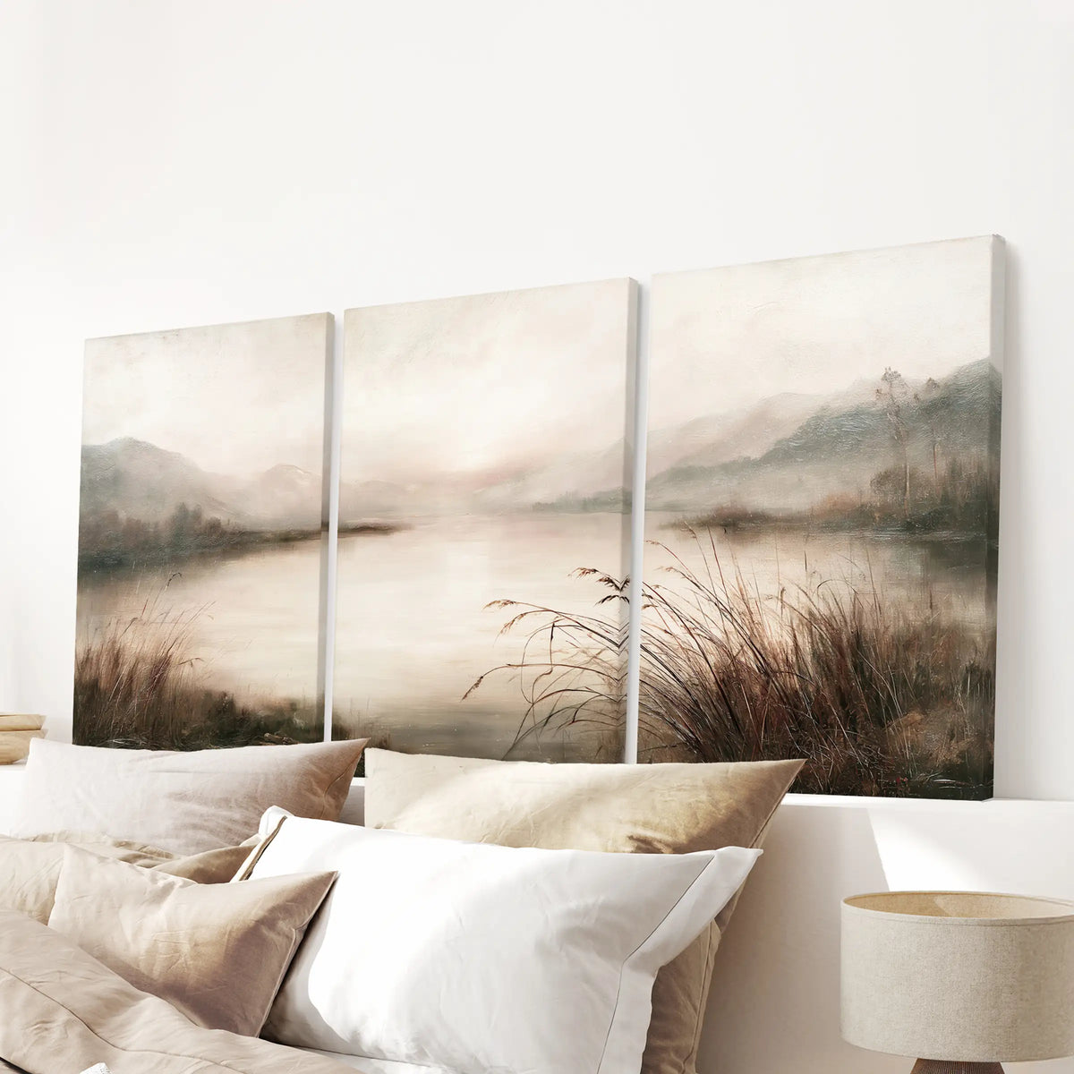 Three-piece pastoral landscape wall art set on frameless canvas, arranged over a bed in a bedroom.