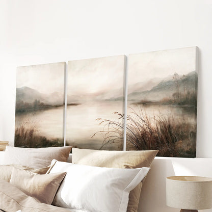 Three-piece pastoral landscape wall art set on frameless canvas, arranged over a bed in a bedroom.