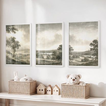 Vintage nature wall art in three white-framed pictures, displayed over a toy organizer in a playroom.