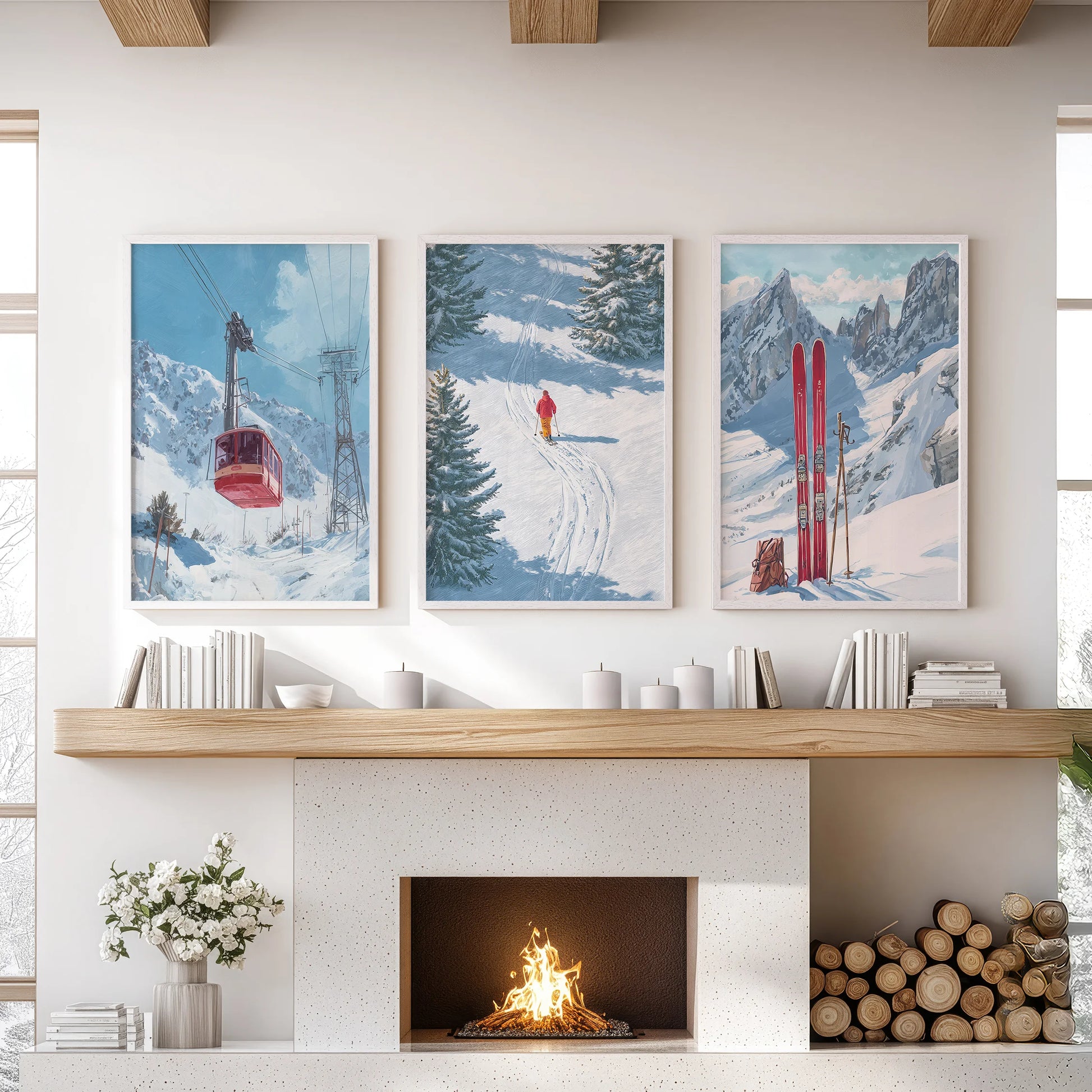 Winter mountain landscape wall art, in three pieces with white frames, centers the sitting room above the hearth with serene, snowy peaks.