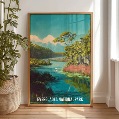 Everglades National Park landscape single poster leans by the bedroom window in a warm wooden frame, casual and sunlit against the wall.