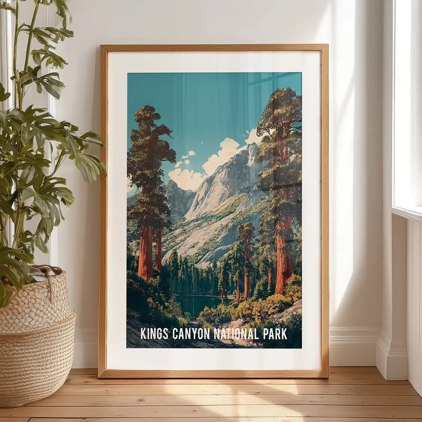 Kings River canyon one panel wall art, a black matted framed print with vintage travel vibes, rests on the bedroom floor awaiting the perfect spot.