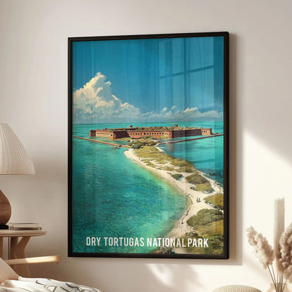 Dry Tortugas National Park coastline large wall poster, hanging over a chair in a black frame, brings coastal color to a relaxed sitting room.